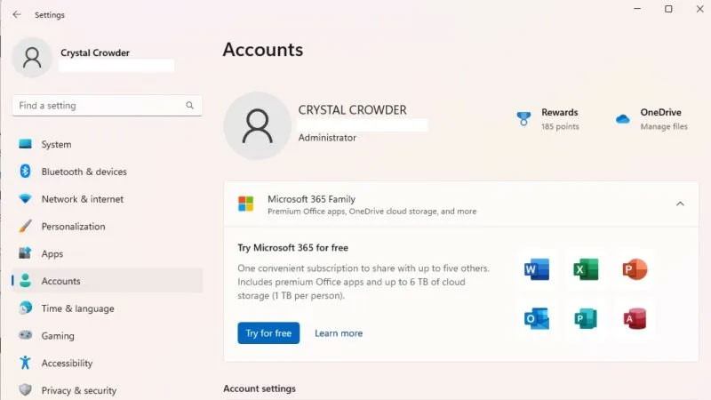 Chọn Accounts trong ngăn bên trái