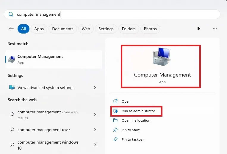 Mở Computer Management với quyền admin