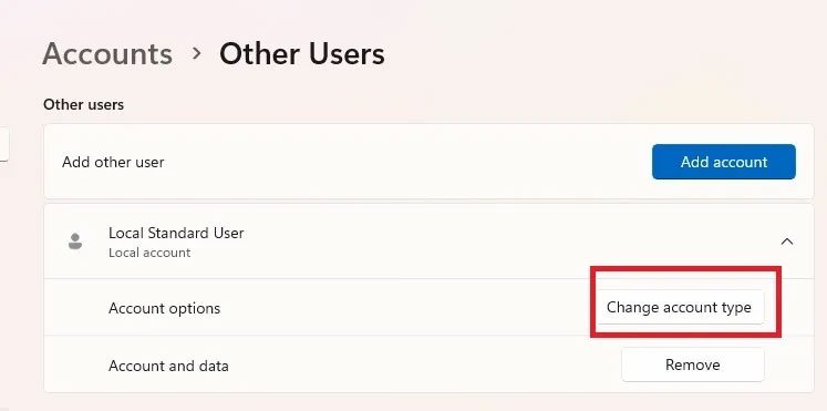 Chọn Change account type.