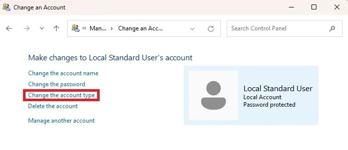 Chọn Change the account type