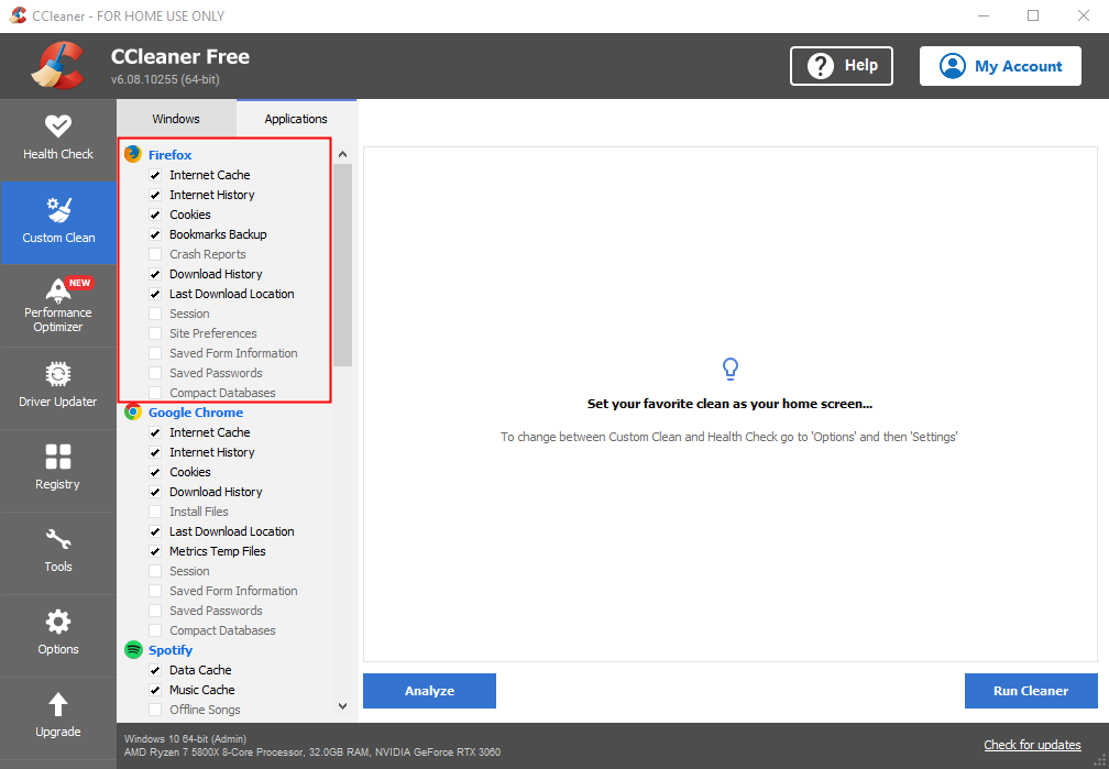 CCleaner with various options highlighted. 