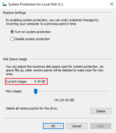 The amount of space used by the System Restore function. 